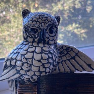 Vintage Handmade One of a Kind Owl Figurine on Wooden Log/ Business Card Holder